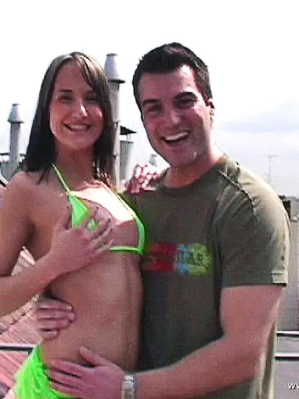 Andy Brown kneels before her handsome lover and sucks big throbb