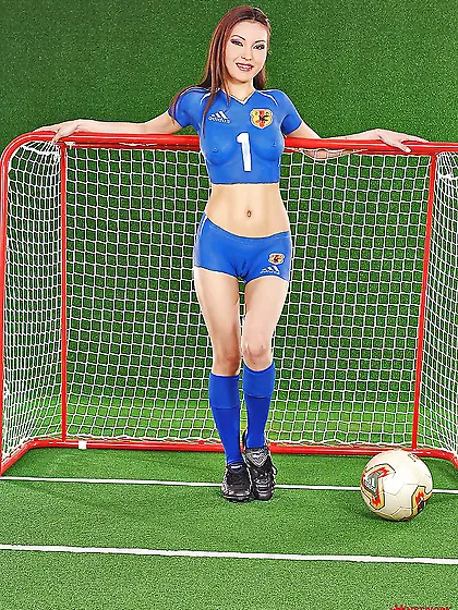 Oriental babe has body painted like a football uniform for topic
