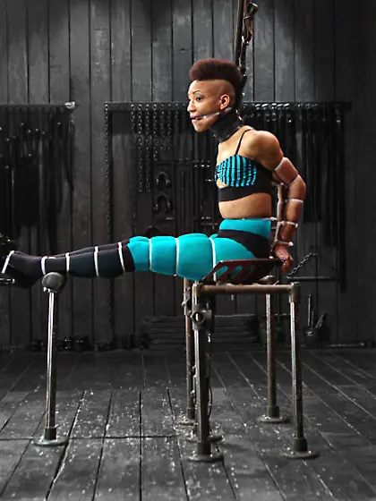 Sexy ebony painfully strapped