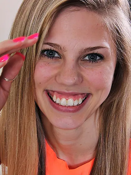 Orange dress perky blonde teen teasing her hairy pussy on camera