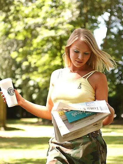 Attractive blonde hottie flashes panties before getting totally