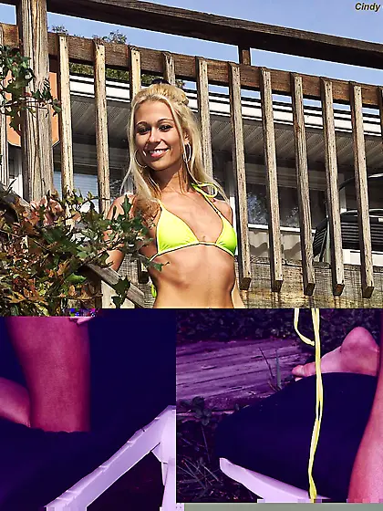 Lusty blonde Cindy Crawford teases with her cameltoe pussy then