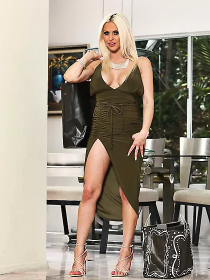 Dress-wearing blue-eyed blonde MILF gets drilled by a hung stud