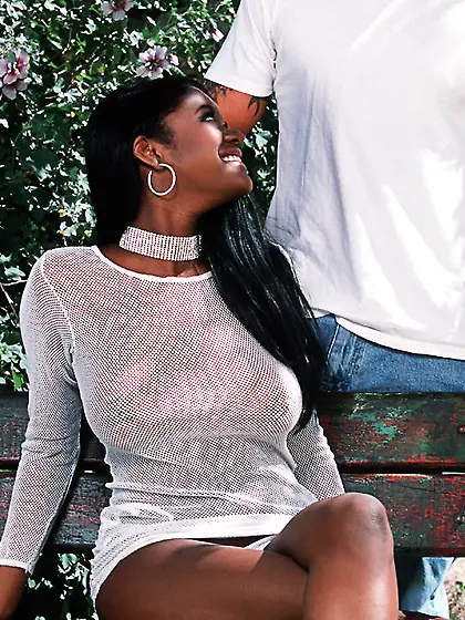 Alluring black bitch Bambi Bliss takes her lingerie off and gets