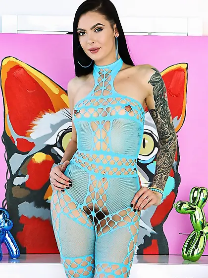 Chick liked idea of boyfriend to wear blue bodystocking and stri