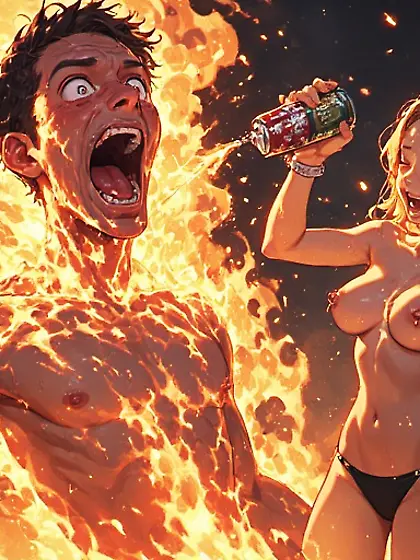Sexy Woman + Lit Cig + Nude Man + Gasoline = ?