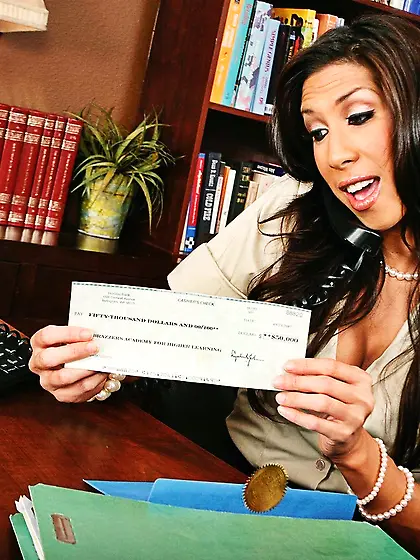 Pale man comes to the office of a tanned temptress in stockings