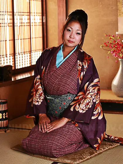Pretty Japanese geisha demonstrates tits and trimmed cunny hidde