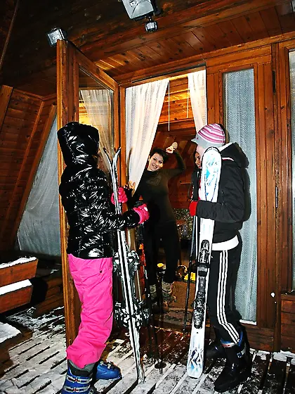 Hot ski girls finish their run with steamy...