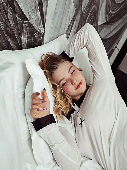 Teen with playful eyes didn't expect she could pull blouse up sh