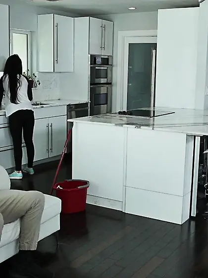 Skinny brunette tattoed housemaid