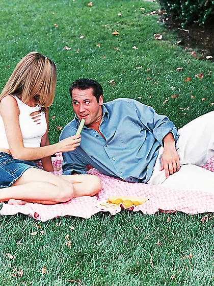 Slutty blonde gal Lisa Marie strips on the field and blows throb