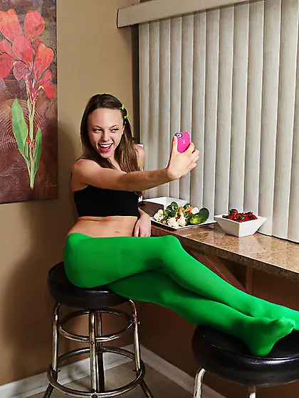 Skinny teen green pantyhose
