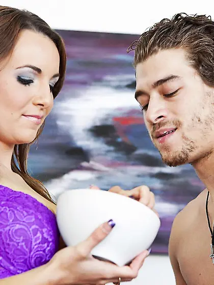 Brown haired chick Jenna Rose with tattoo sucks a cock before ge