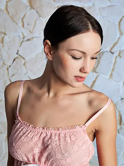 Brunette Loreen A slowly sliding her lace nightie down and uncov