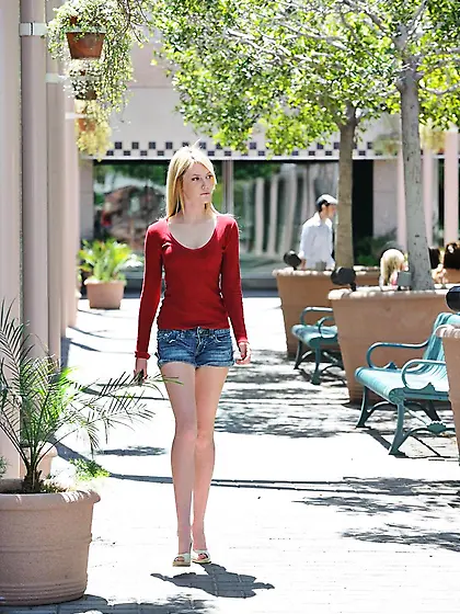 Shaved pussy teen girl Riley Ray gets fully nude while walking t