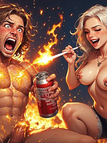 Sexy Woman + Lit Cig + Nude Man + Gasoline = ?