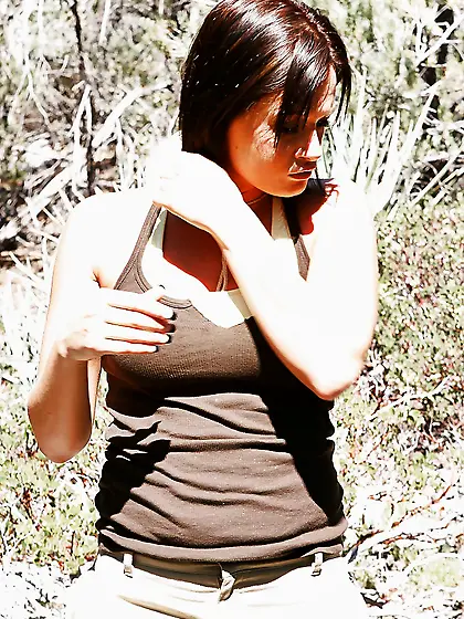 Brunette experiencing intense pleasure outside with hard cock