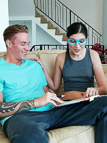 Nerd brunette blue glasses