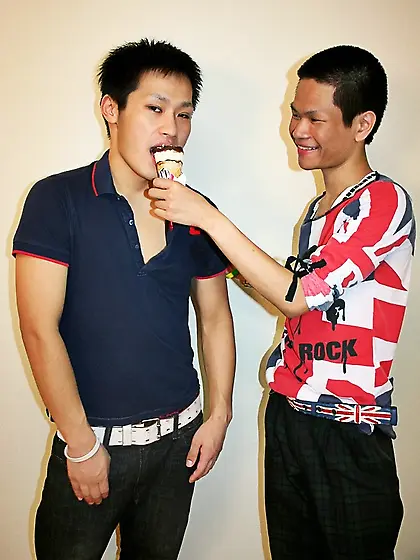 Asian studs blue shirt