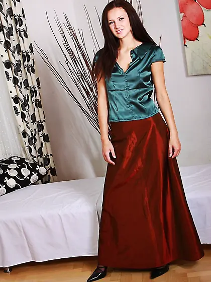 Naughty stocking model Andy draws off her ultra long skirt and s