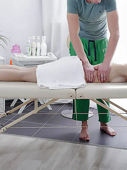 Leggy brunette Abia is going to get fucked by a masseur