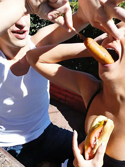 Guy gets his big sausage eaten by brunette teen Tiffany Brookes