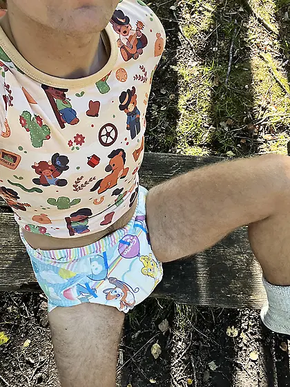 Outside in onesie and diaper