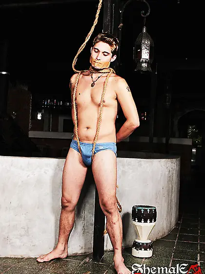 TS Kawanna fucks a hogtied stud