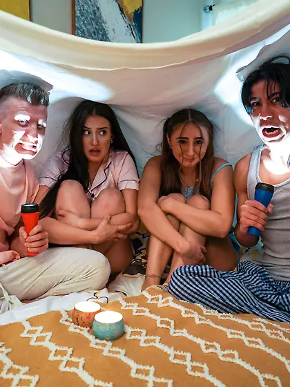 Hot sleepover foursome XXX scene with Aubree Valentine and Penel