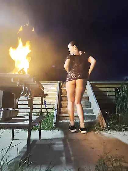 Bikini Thong Fire Dance – Sexy MILF in Sheer Mesh Dress