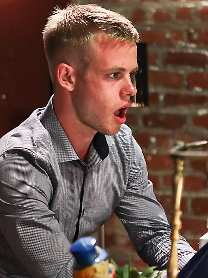 Two dominating teen sluts make obedient male slave lick their fe