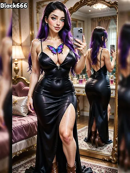 Luna Black.  Espejo,  latex apretado y gotas por el cuerpo.