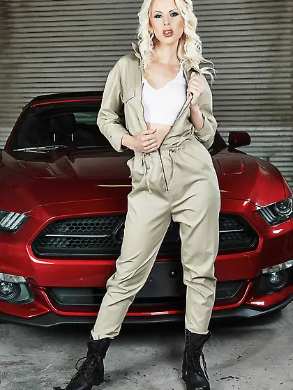 Blond-haired beauty gets all wet and gets banged on the hood of