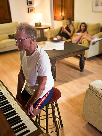 Babes bare charms being fucked by skinny older man in threesome