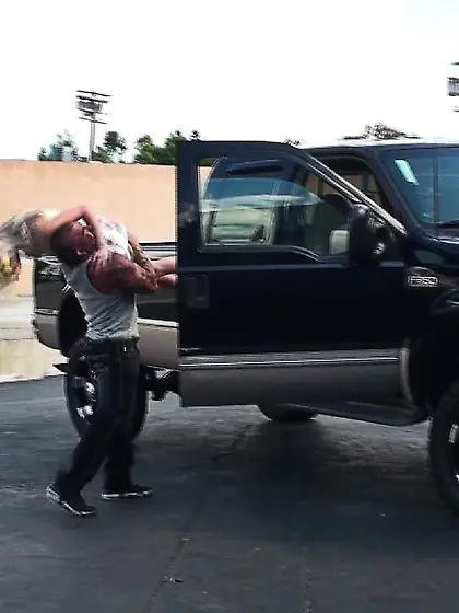 Trashy blonde with killer curves gets banged next to a black car