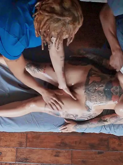 Redhead bitch XWife Karen serves two massive black cocks at the