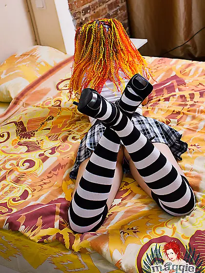 Slutty teen emo bitch Red Maggie strips on her bed and then toys