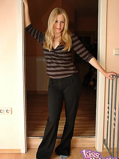 Beautiful teen gal Kiss Kristin strips her lingerie and shows he