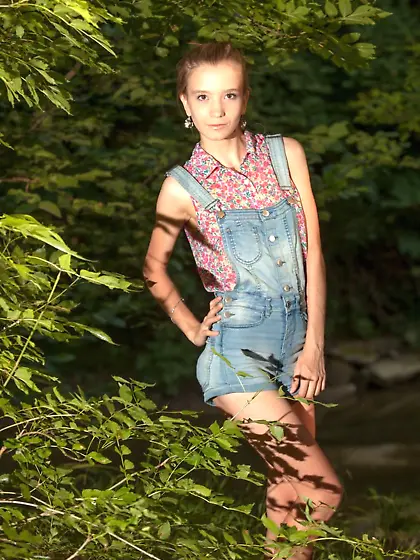 Skinny girl with a shaved slit shows it all off on the porch Vid