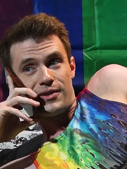 Solo guy wears a gag while stroking his johnson