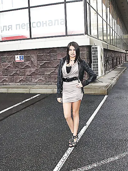 Russian slut flashes tits and lets guy touch her ass in the publ