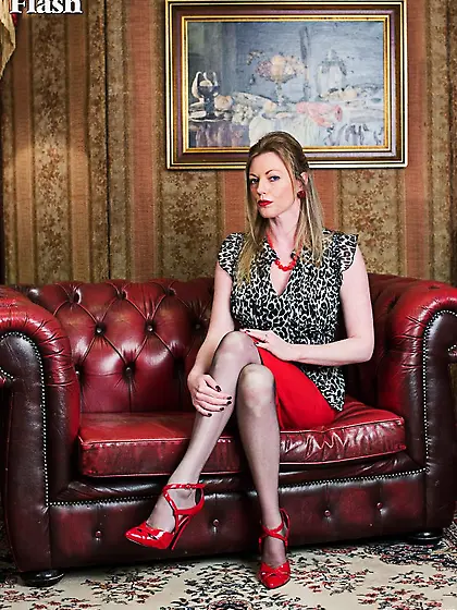 Nylon stockings leather couch