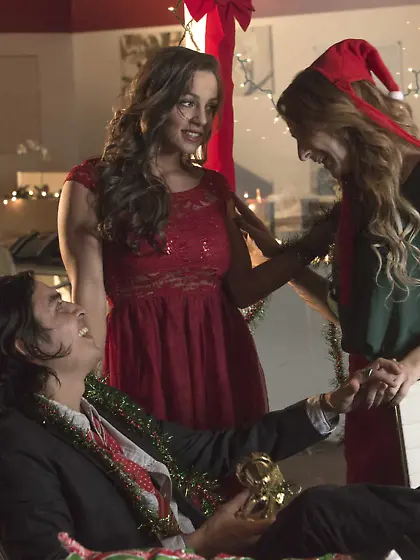Busty brunette in a red dress gets banged, Christmas miracle