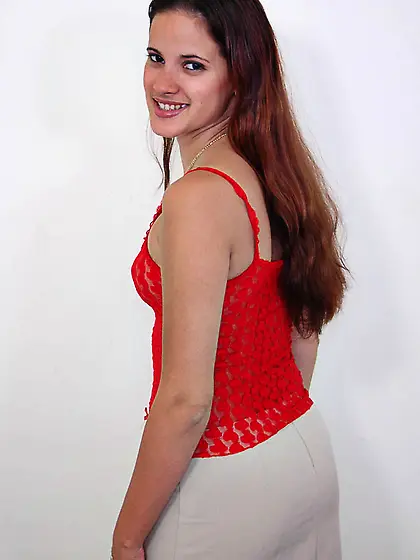 Long haired latina filly Vicky Vail in red lingerie fucks hersel