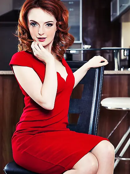 Ginger doll in red lingerie gets pussy drilled with enormous coc