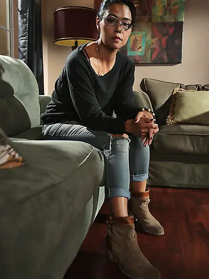 Slender sexy brunette Dana Vespoli is getting her clothes off an