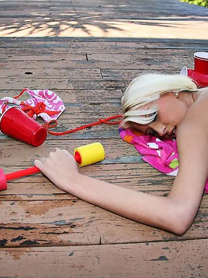 Interesting busty blonde babes caress,  suck,  kiss in swimming po