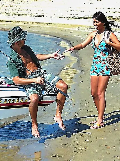 Tanlined asian babe Beti Hana rides good size cock on a boat aft