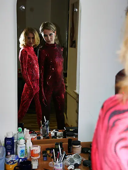 Horny red zentai wearing